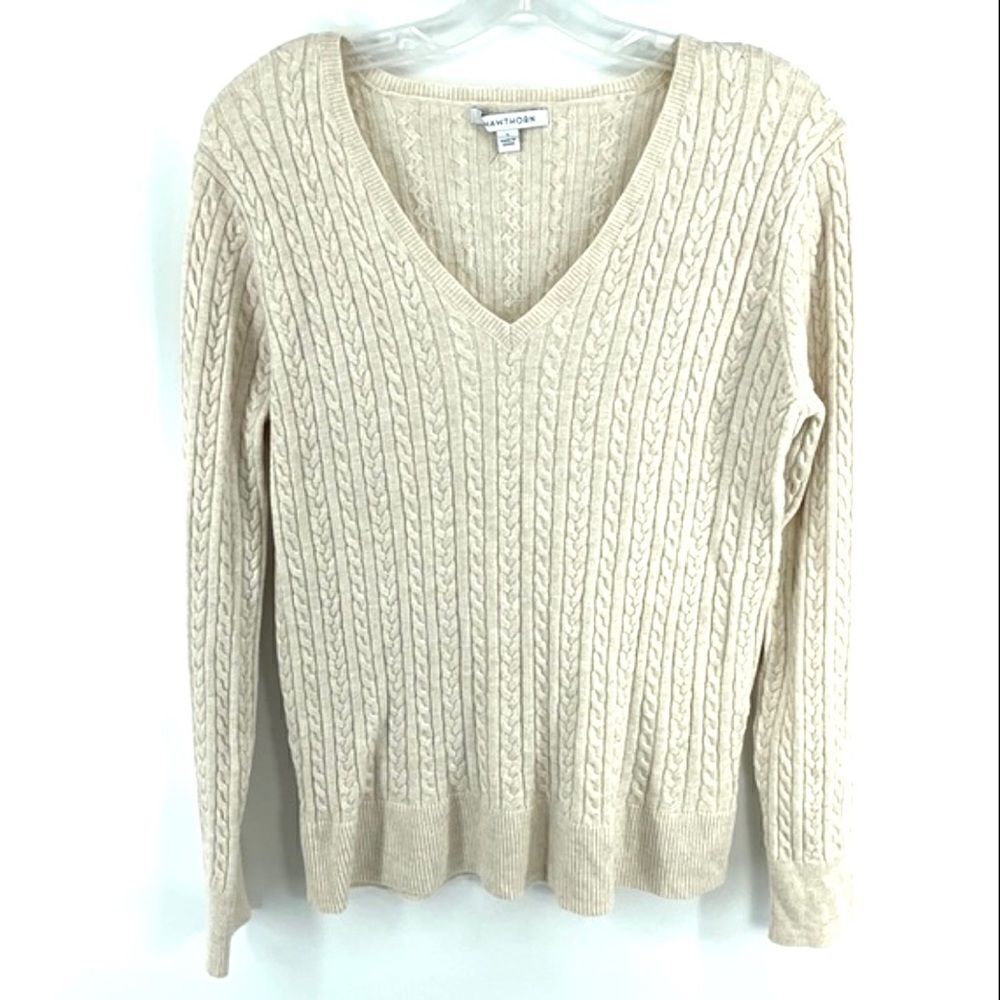 41 Hawthorn Kellie cream cable knit v neck sweater cashmere silk EUC Oatmeal